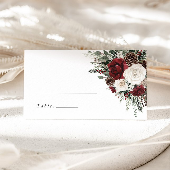 Burgundy Winter Floral Wedding Name Place Card Platzkarte (burgundy floral winter wedding place card, elegant holiday escort card reception table decor)