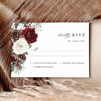 Burgundy Winter Floral Wedding RSVP Card Karte