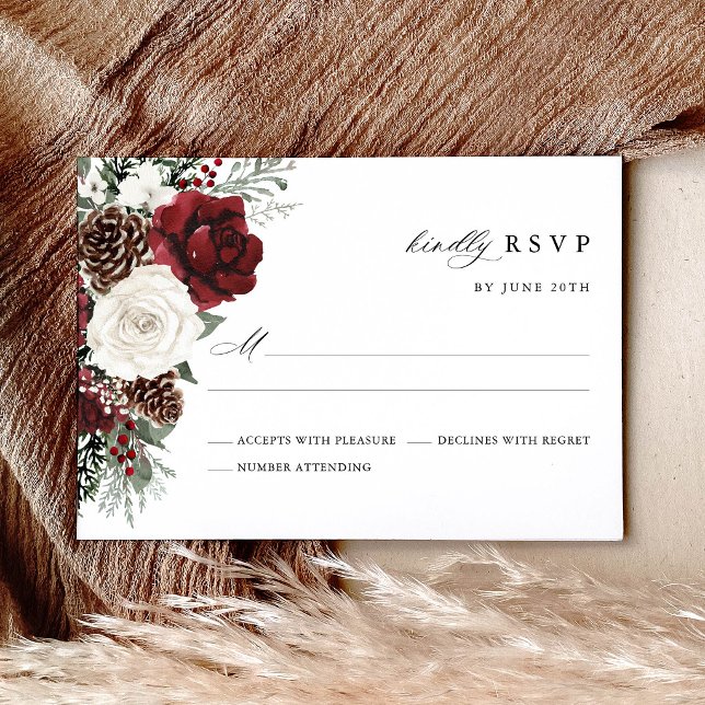 Burgundy Winter Floral Wedding RSVP Card Karte (Burgundy winter floral wedding RSVP card, pinecone ivory rustic elegant response card)