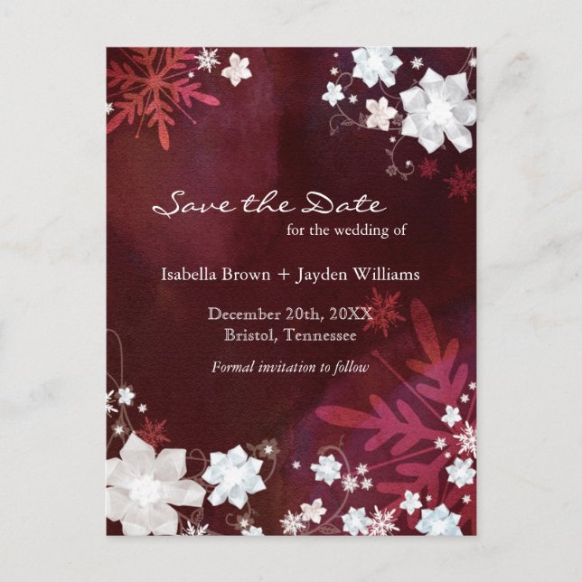 Burgundy Winter Wedding Save the Date Ankündigungspostkarte (Vorderseite)