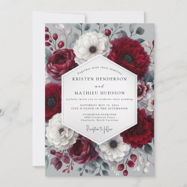 Burgundy Wintry Anemone Wedding Einladung (Vorderseite)