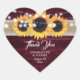 Burgundy Wood Burlap Lace Sunflower Wedding Favor Herz-Aufkleber