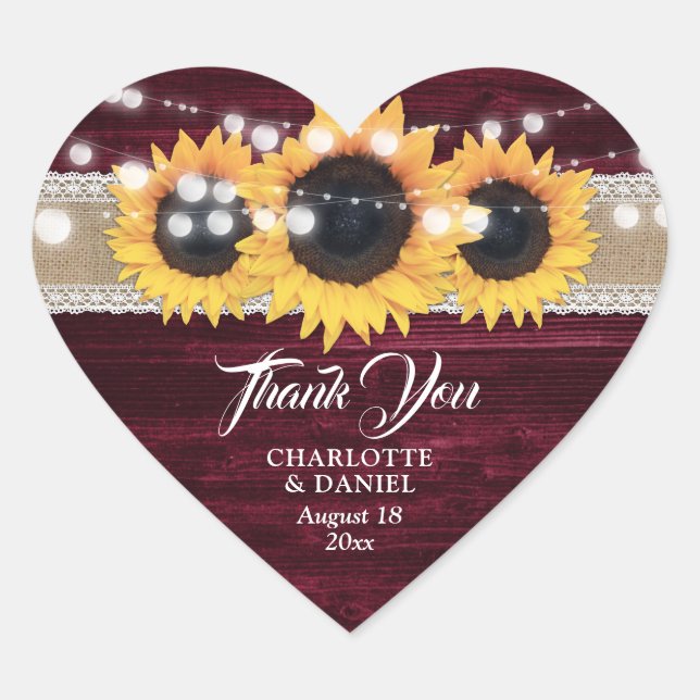 Burgundy Wood Burlap Lace Sunflower Wedding Favor Herz-Aufkleber (Vorderseite)