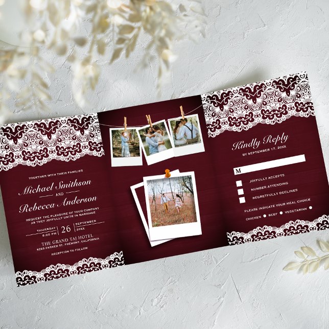 Burgundy Wood Country Lace Foto Collage Wedding Dreifach Gefaltete Einladung (Von Creator hochgeladen)