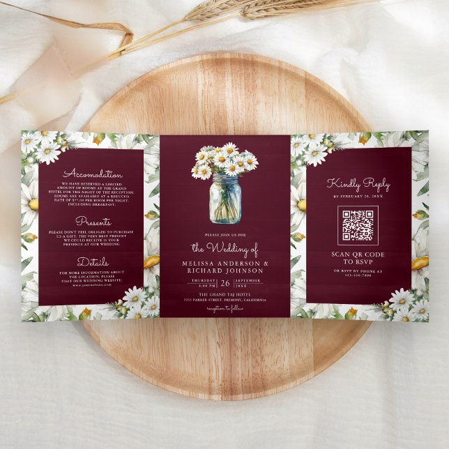 Burgundy Wood Daisies Mason Jar QR Code Wedding Dreifach Gefaltete Einladung (Von Creator hochgeladen)
