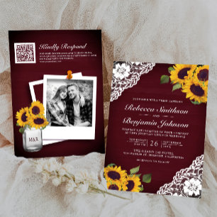 Burgundy Wood Lace Sunflower Photo QR Code Wedding Einladung