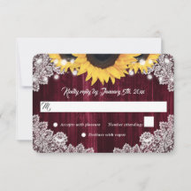 Burgundy Wood Lace Sunflower Wedding RSVP Karten