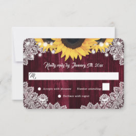 Burgundy Wood Lace Sunflower Wedding RSVP Karten