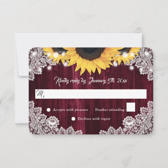 Burgundy Wood Lace Sunflower Wedding RSVP Karten (Vorderseite)
