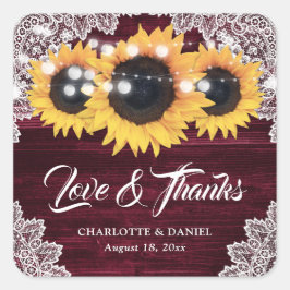 Burgundy Wood Lace Sunflower Wedding Thank You Quadratischer Aufkleber