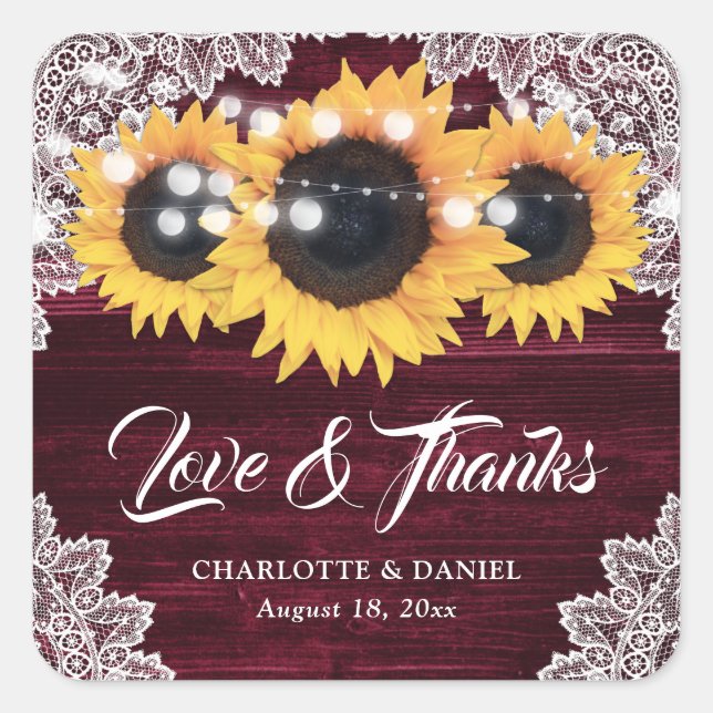 Burgundy Wood Lace Sunflower Wedding Thank You Quadratischer Aufkleber (Vorderseite)