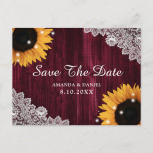 Burgundy Wood Sonnenblumen Hochzeit speichern das Postkarte