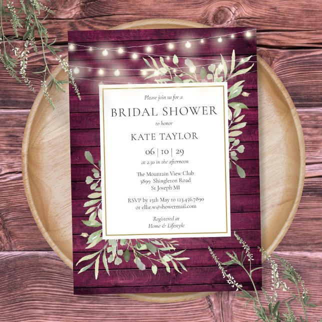 Burgundy Wood String Lights Grüne Brautparty Einladung (Burgundy Wood String Lights Greenery Bridal Shower Invitation)