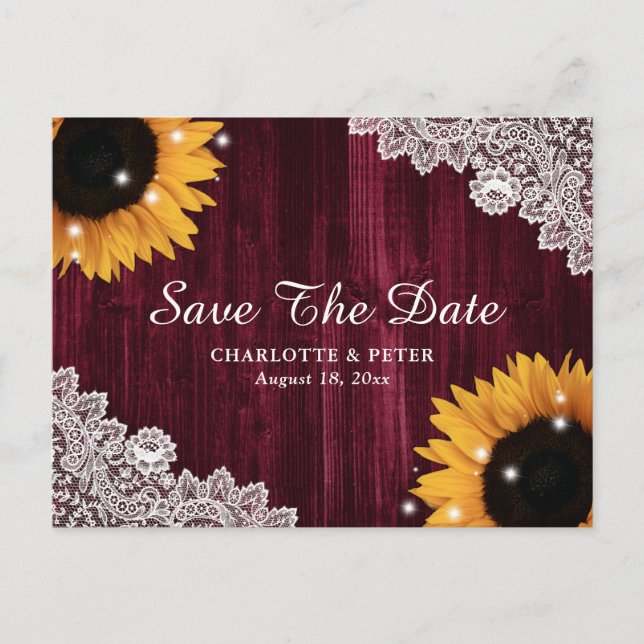 Burgundy Wood Sunflower Wedding Ankündigungspostkarte (Vorderseite)