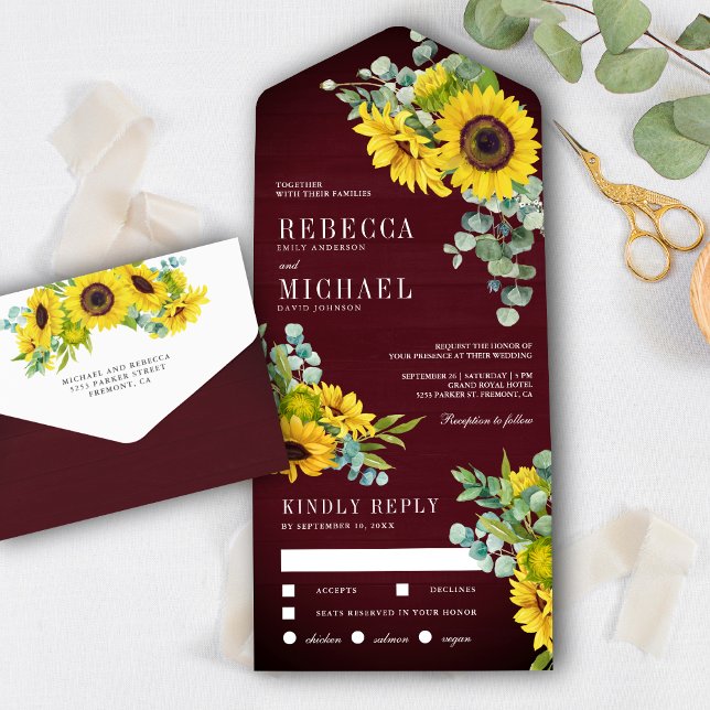 Burgundy Wood Sunflowers and Eucalyptus Wedding All In One Einladung (Von Creator hochgeladen)