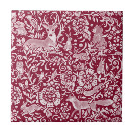 Burgundy Woodland Animal Forest Deer Rabbit Fox Fliese