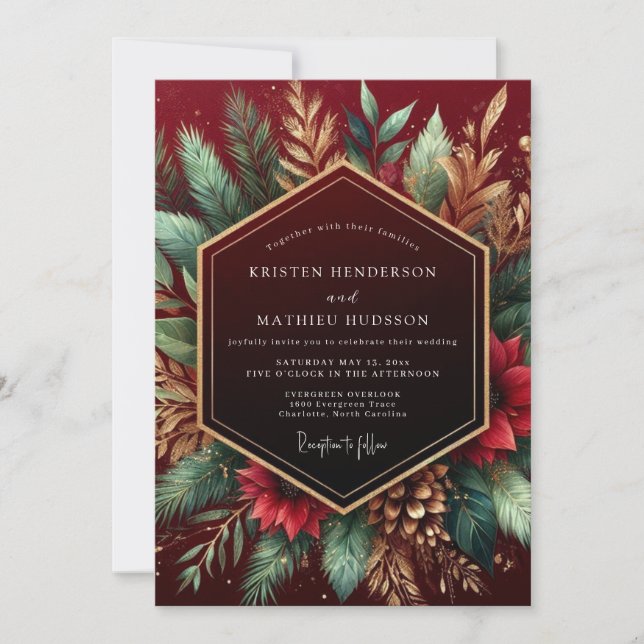 Burgundy Woodland Flourish Wedding Einladung (Vorderseite)