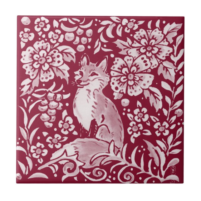 Burgundy Woodland Fox Fox Animal Floral Fliese (Vorderseite)