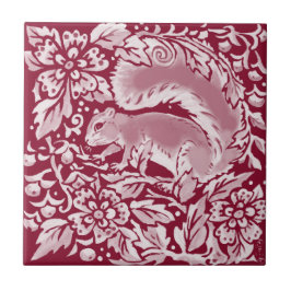Burgundy Woodland Squirrel Forest Animal Floral   Fliese