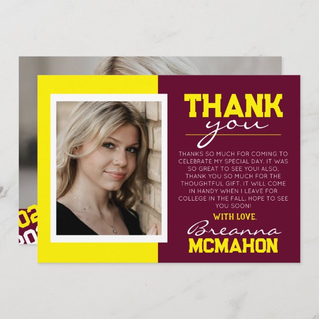 Burgundy Yellow Abschluss 2 Foto Dankeschön Karte (Vorne/Hinten)