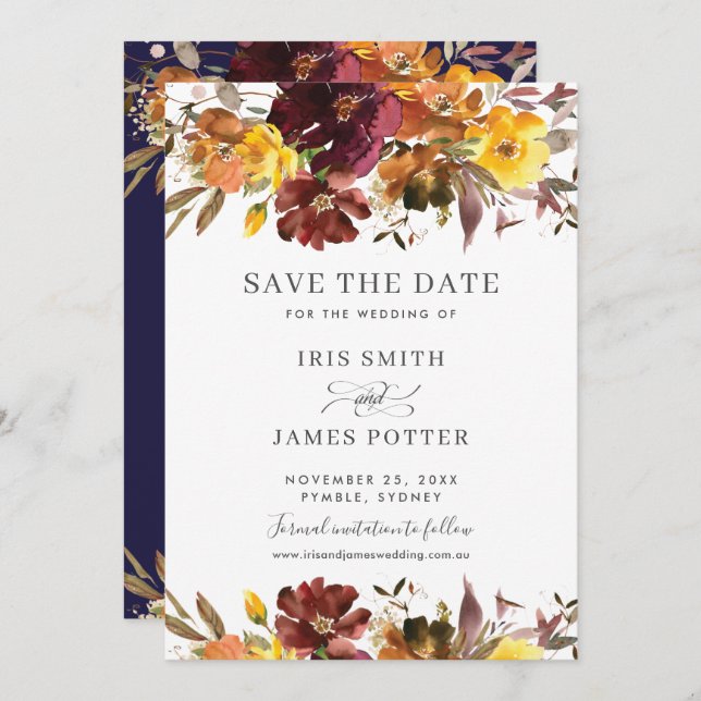 Burgundy Yellow Floral Wedding Save the Date Card Einladung (Vorne/Hinten)