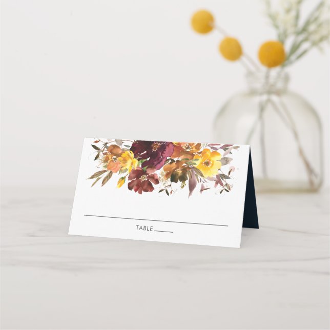 Burgundy Yellow Orange Floral Wedname Platzkarte (Vorderseite)