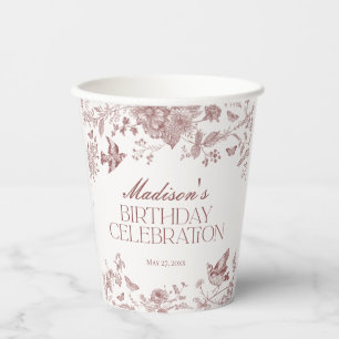Burguny Toile Jouy Vintag Floral Geburtstagsparty Pappbecher