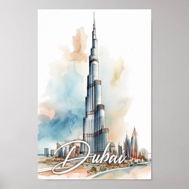 Burj Khalifa Dubai Wasserfarbenmalerei Reisen Poster (Vorne)