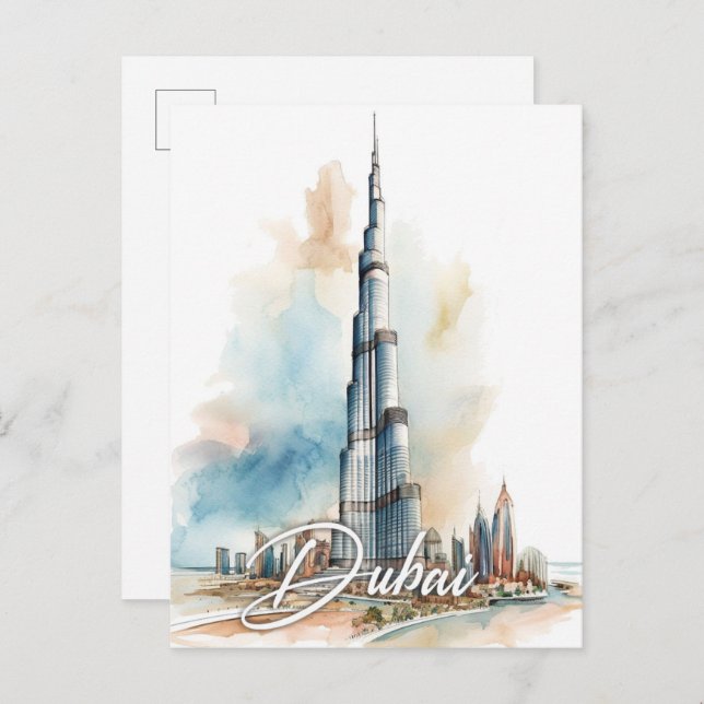 Burj Khalifa Dubai Wasserfarbenmalerei Reisen Postkarte (Vorne/Hinten)