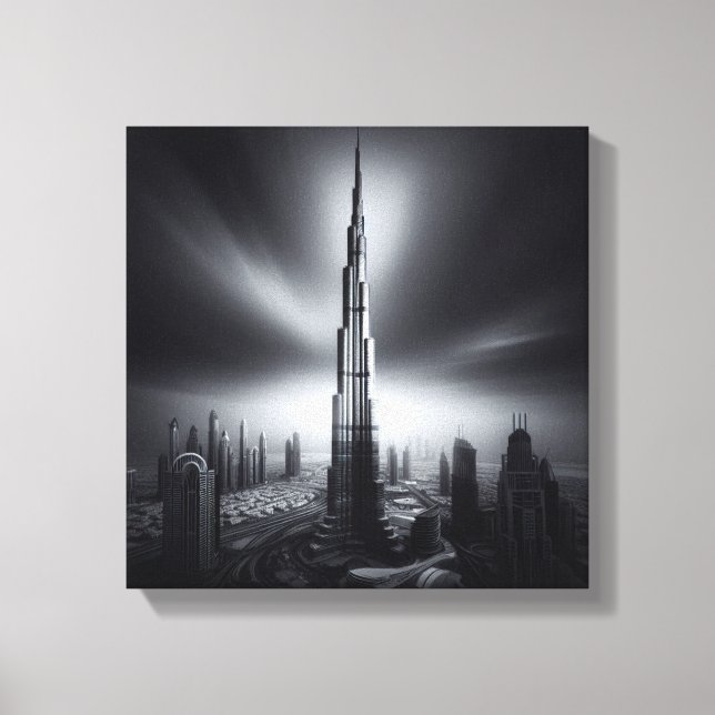 Burj Khalifa Monochrome Skyline - Dramatischer Sta Leinwanddruck (Vorderseite)