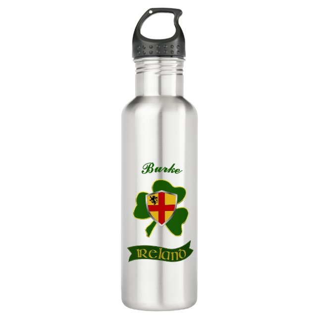 Burke Irish Shield & Kleeblatt Personalisiert Edelstahlflasche (Vorderseite)