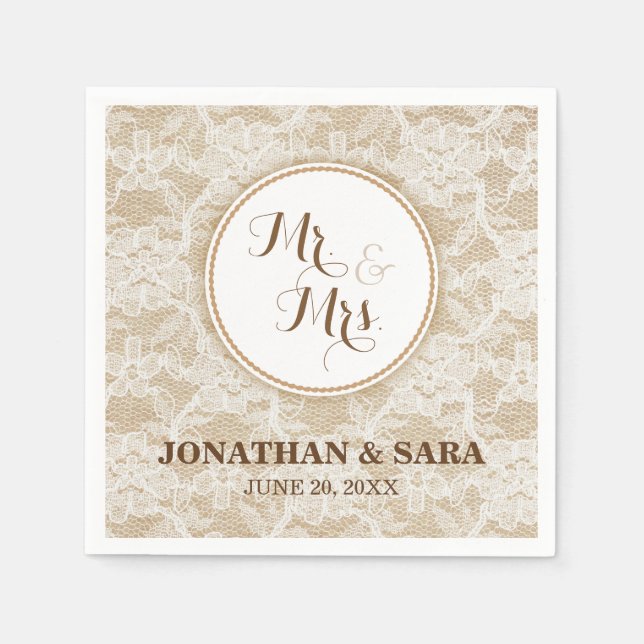 Burlap and Lace, Mr. & Mrs. Personalisiert Wedding Serviette (Vorderseite)