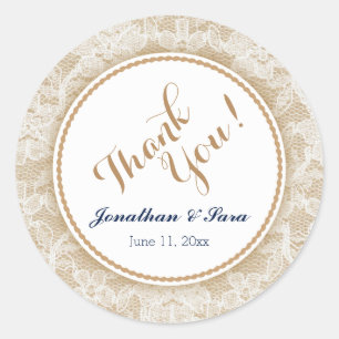 Burlap and Lace Personalisiert Wedding Vielen Dank Runder Aufkleber