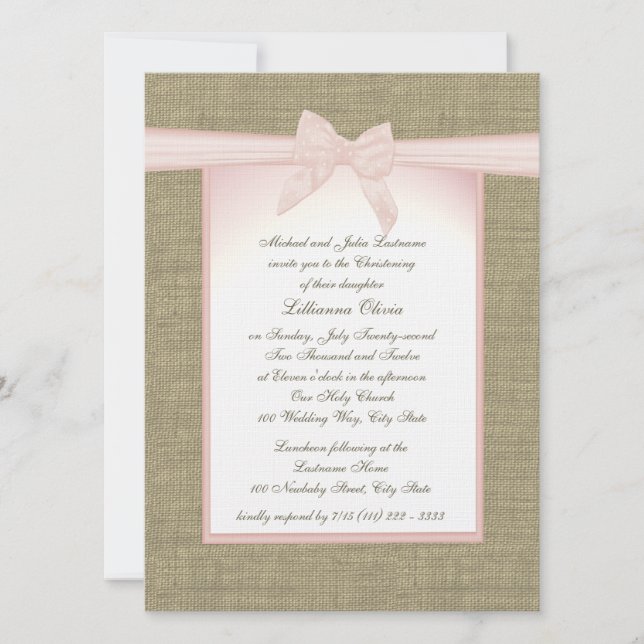 Burlap Baby Pink Christening Einladung (Vorderseite)