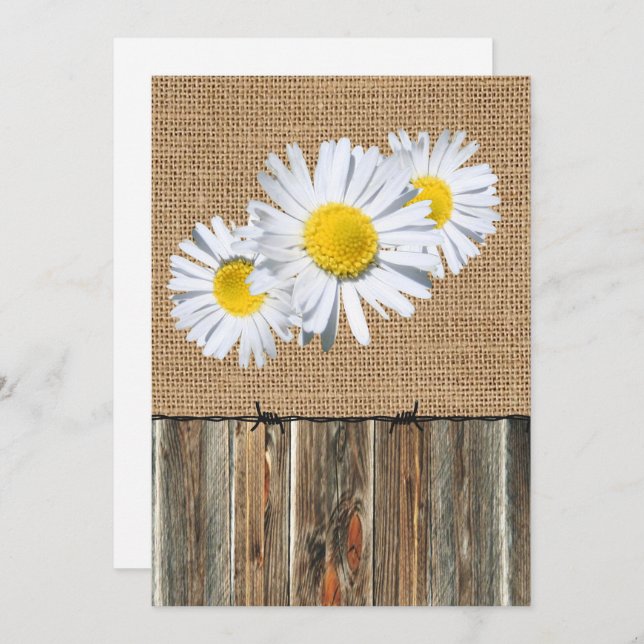Burlap Barnwood Barbed Wire und Daisies laden ein Einladung (Vorne/Hinten)