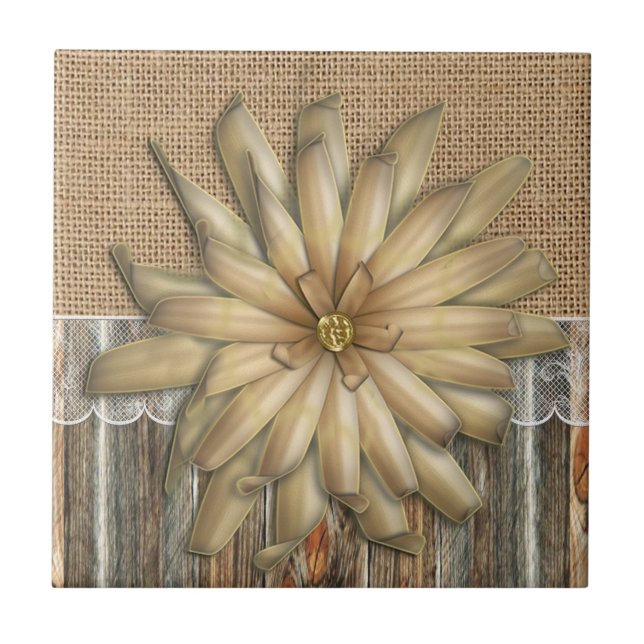 Burlap Barnwood Lace und Tan Blume Fliese (Vorderseite)