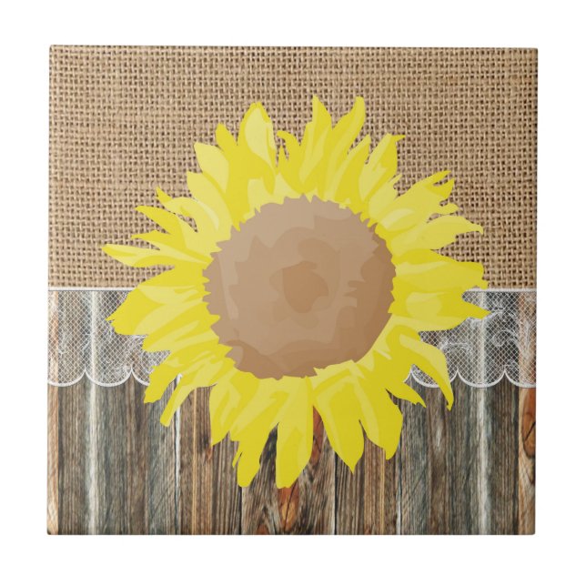 Burlap-Barnwood-Spitzen und Sonnenblumen Fliese (Vorderseite)