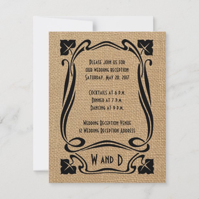 Burlap Black Art Deco Wedding Cards Einladung (Vorderseite)