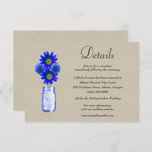 Burlap Blue Floral Mason Jar Wedding Details Begleitkarte (Vorne/Hinten)