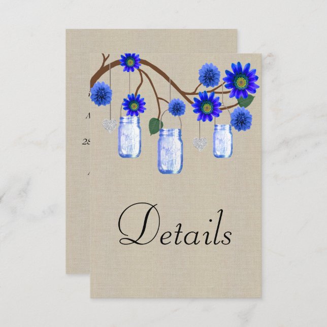 Burlap Blue Floral Mason Jars Wedding Details Begleitkarte (Vorne/Hinten)