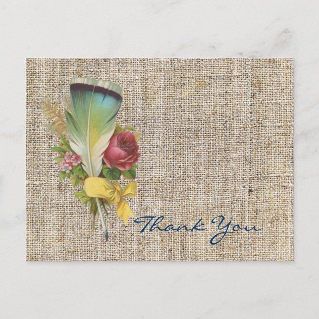 burlap boho feather Wildblume bohemian danke Postkarte (Vorderseite)