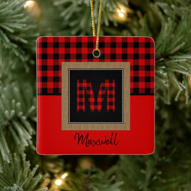 Burlap Buffalo Kariert Red Black Monogram Name Keramikornament (Baum)