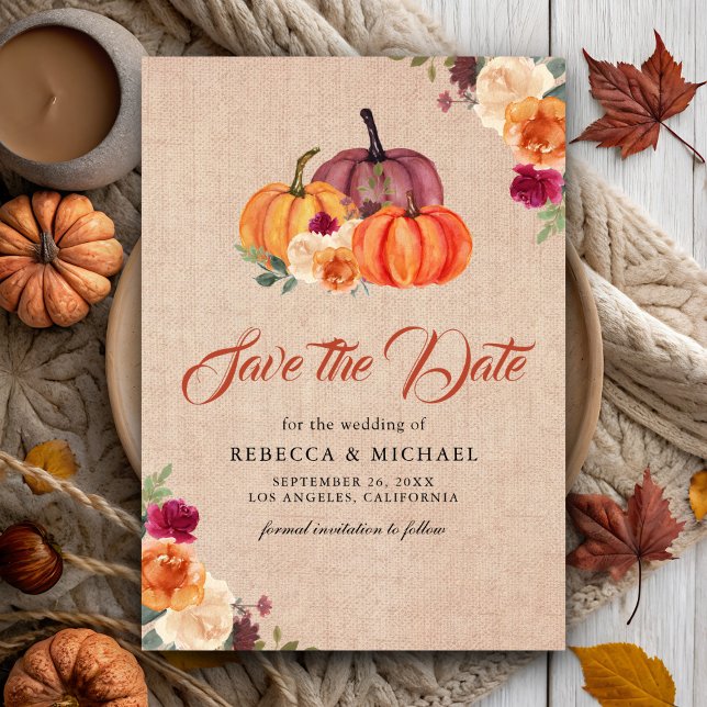 Burlap Burnt Orange Floral Pumpkin Wedding Save The Date (Von Creator hochgeladen)