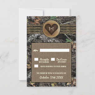 Burlap + Carved Heart Camouflage Wedding RSVP Card Karte