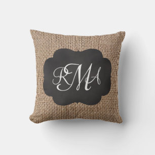 Burlap Chalkboard Look Triple Mit Monogramm Script Kissen