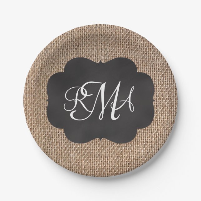 Burlap Chalkboard Look Triple Mit Monogramm Script Pappteller (Vorderseite)
