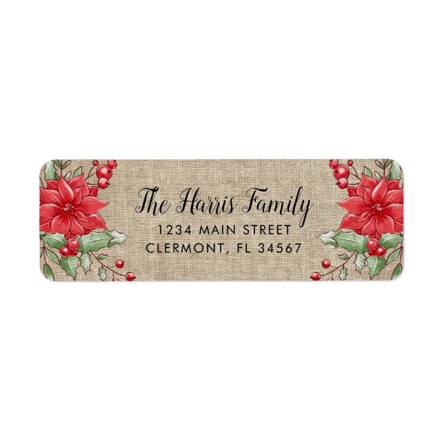 Burlap Christmas Poinsettia Holly Berry Label (Vorne)