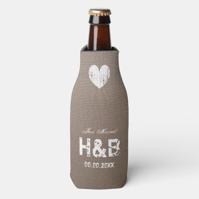 Burlap Country chic Monogramm Hochzeitsflasche coo Flaschenkühler (Flaschenvorderseite)