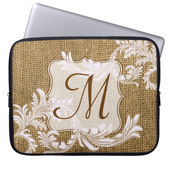 Burlap Country Lace Appli Monogram 15" Laptop Case (Vorderseite)