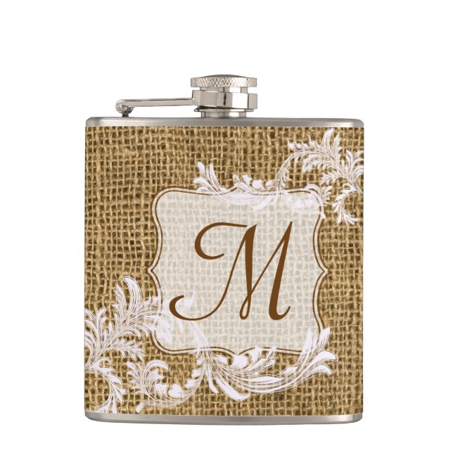 Burlap Country Lace Appliqu Monogram Whiskey Flask Flachmann (Vorderseite)